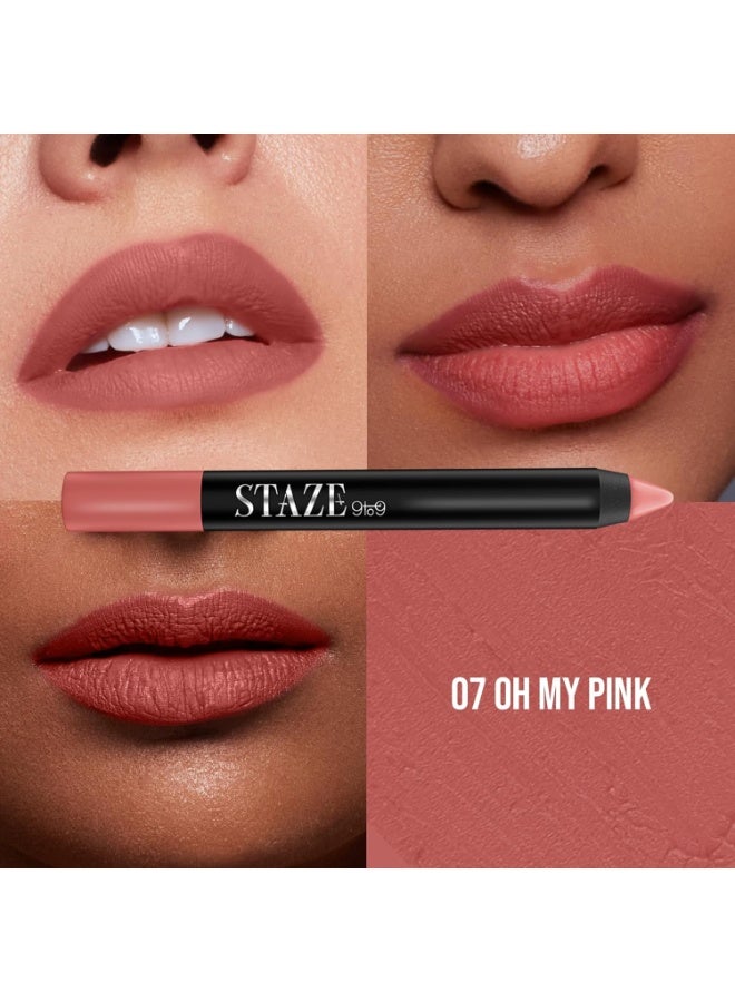 Staze 9to9 Pout On Matte + Smudgeproof Lip Crayon | Non-Drying, Transferproof & Sharpenable| Pigmented Matte Finish | 12-Hour Stay | Lightweight | 07 Oh My Pink | 3.5 g - Image 2